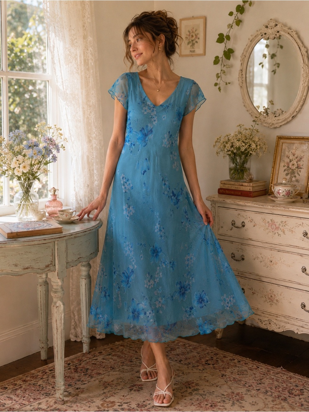 Vintage Believe Blue Floral Sheer Midi Dress Size 6 Y2K Fairycore Sheer Overlay